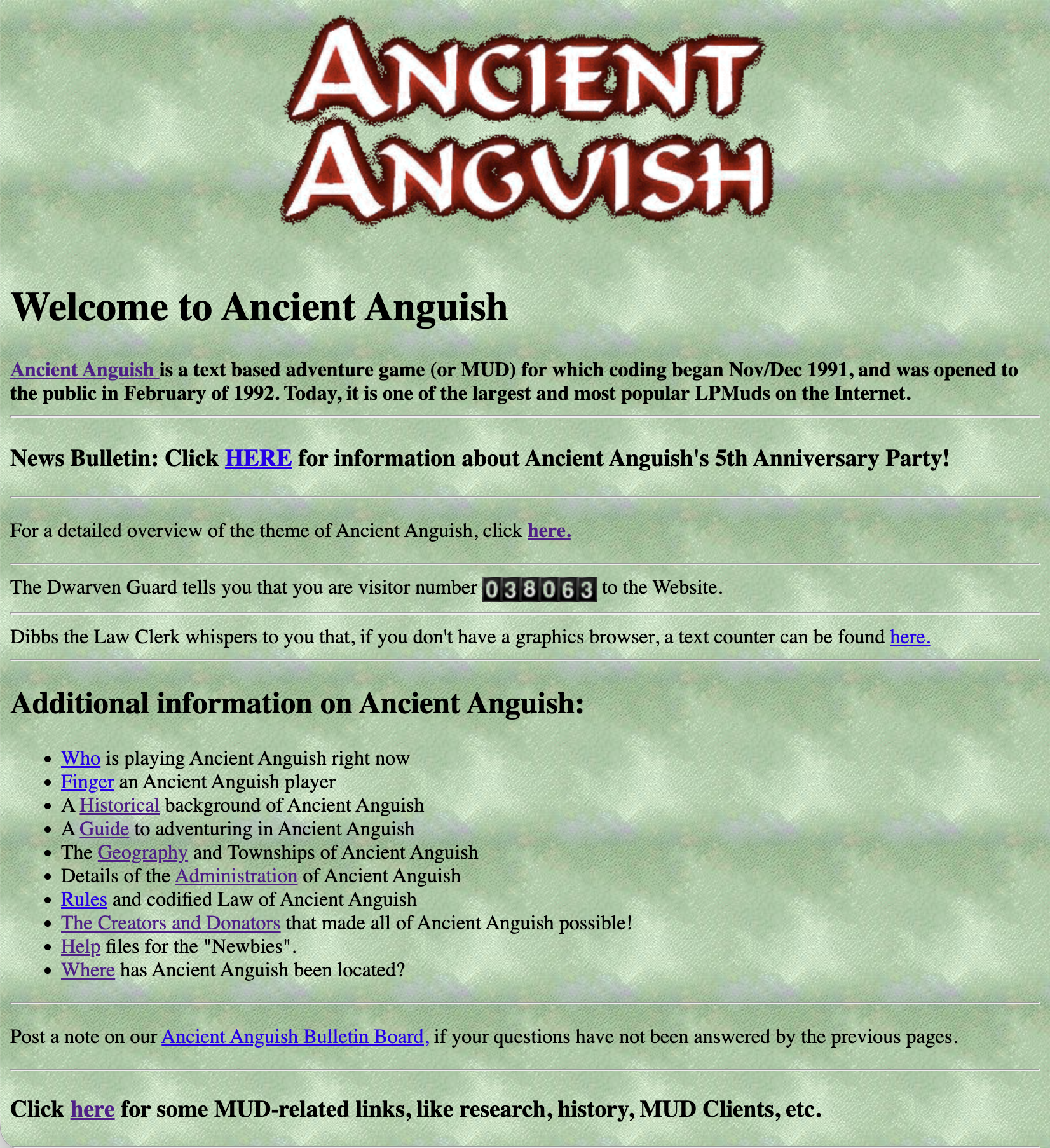Ancient Anguish website as seen is 1997